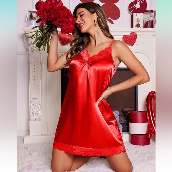 NWT Ekouaer Vibrant Red Satin Lace V-Neck Chemise Sleepwear Soft Lingerie - Picture 7 of 14